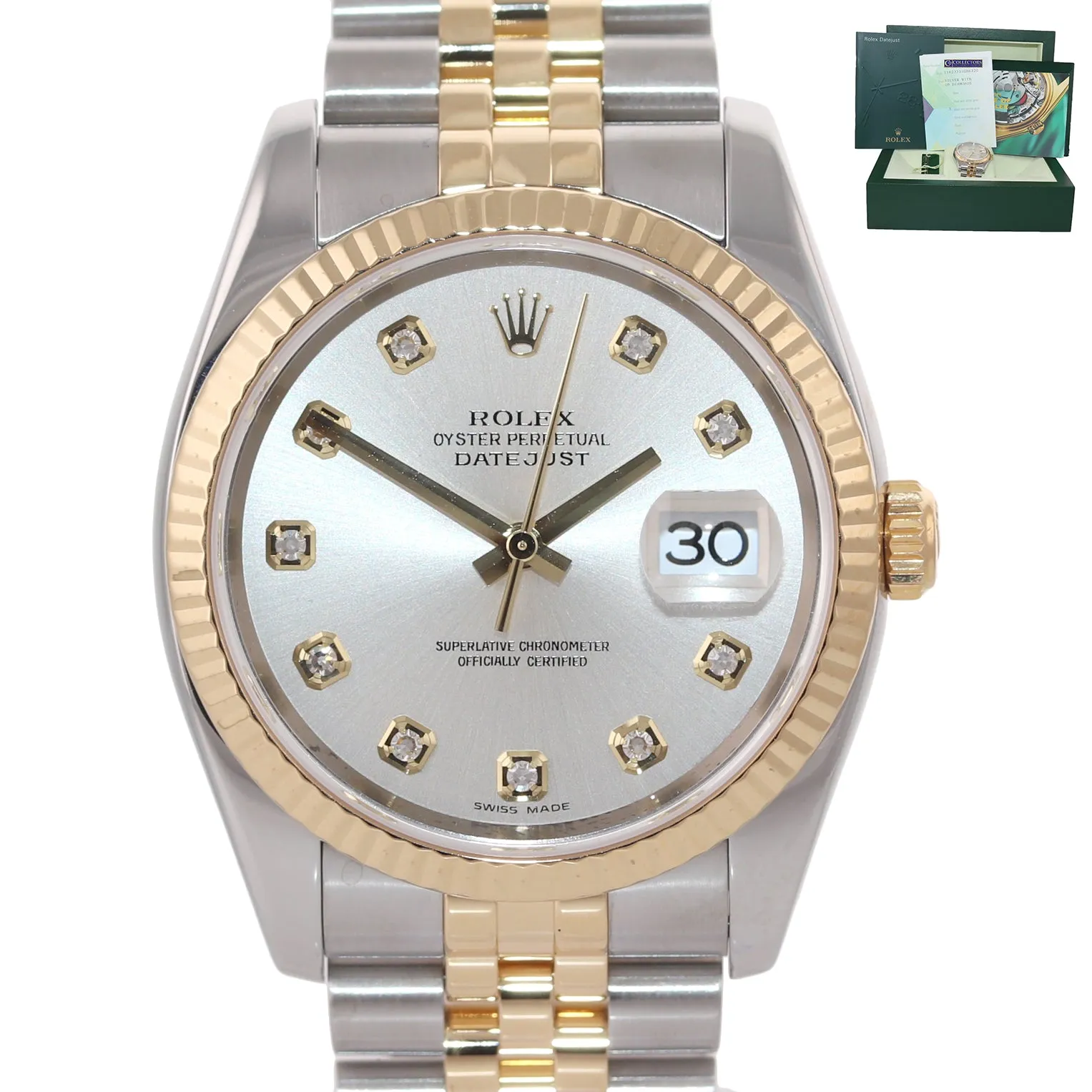 2008 PAPERS Rolex DateJust Jubilee 36mm Diamond 116233 Gold Two Tone Watch Box