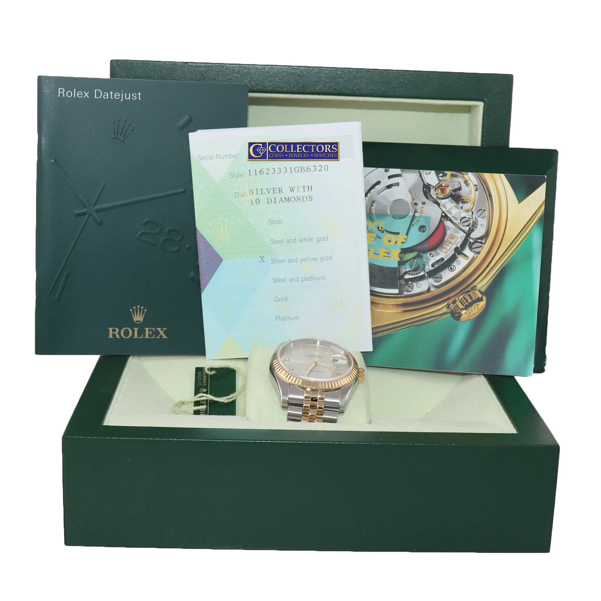 2008 PAPERS Rolex DateJust Jubilee 36mm Diamond 116233 Gold Two Tone Watch Box