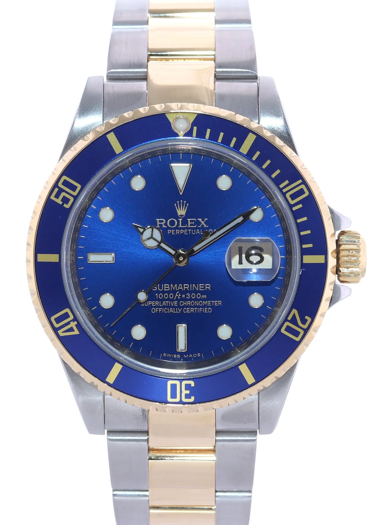 2008 PAPERS Rolex Submariner 16613 Two Tone Steel 18k Yellow Gold Blue 40mm Watch