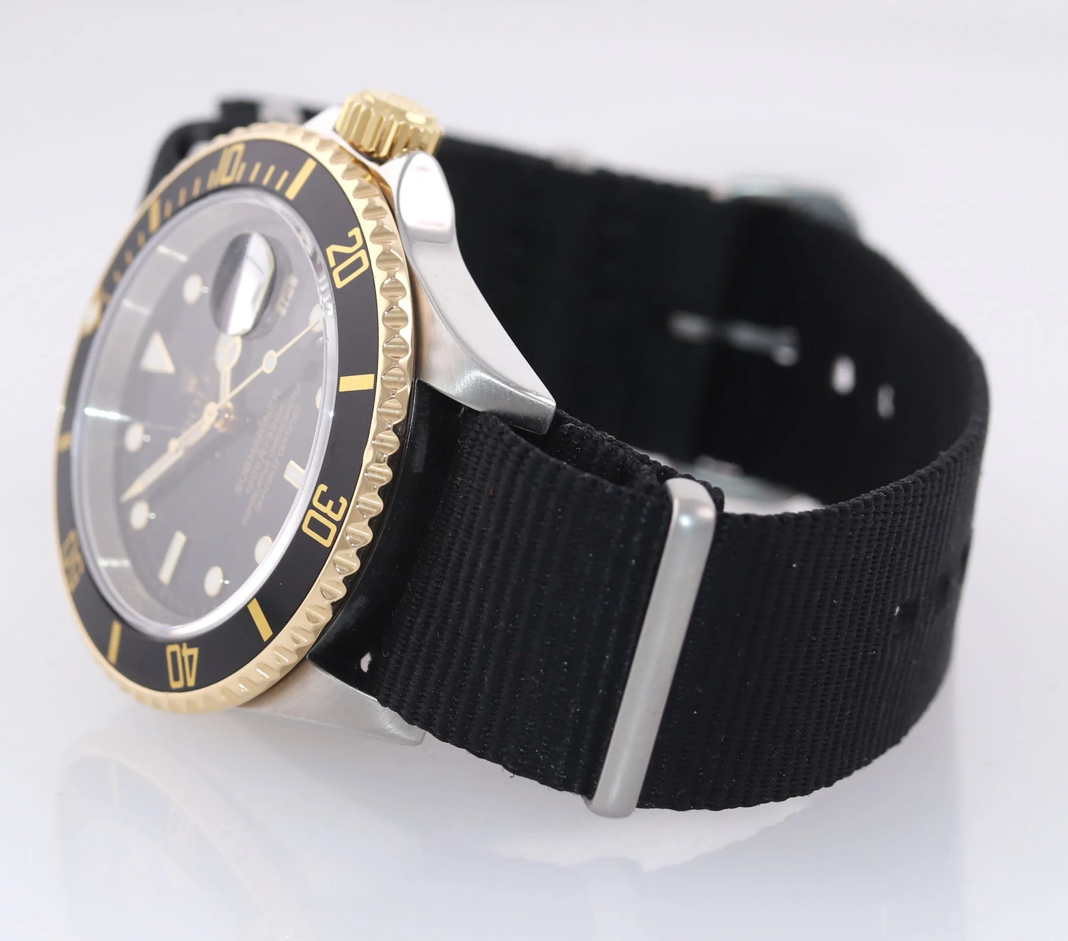 2010 ENGRAVED REHAUT Rolex Submariner 16613 Two Tone 18k Black Nato Watch