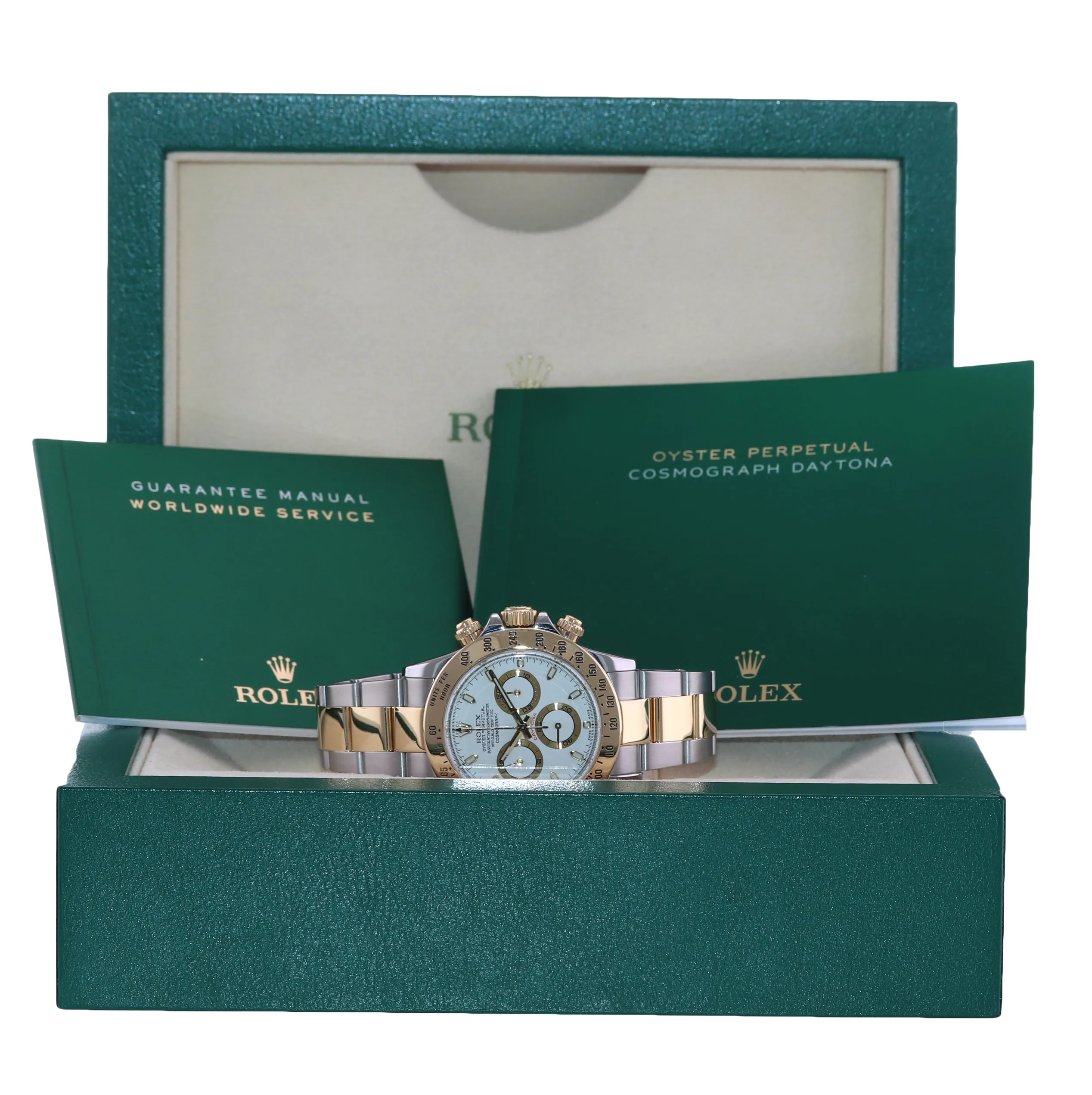 2015 Rolex Daytona 116523 Chronograph White Steel Yellow Gold Two Tone Watch Box