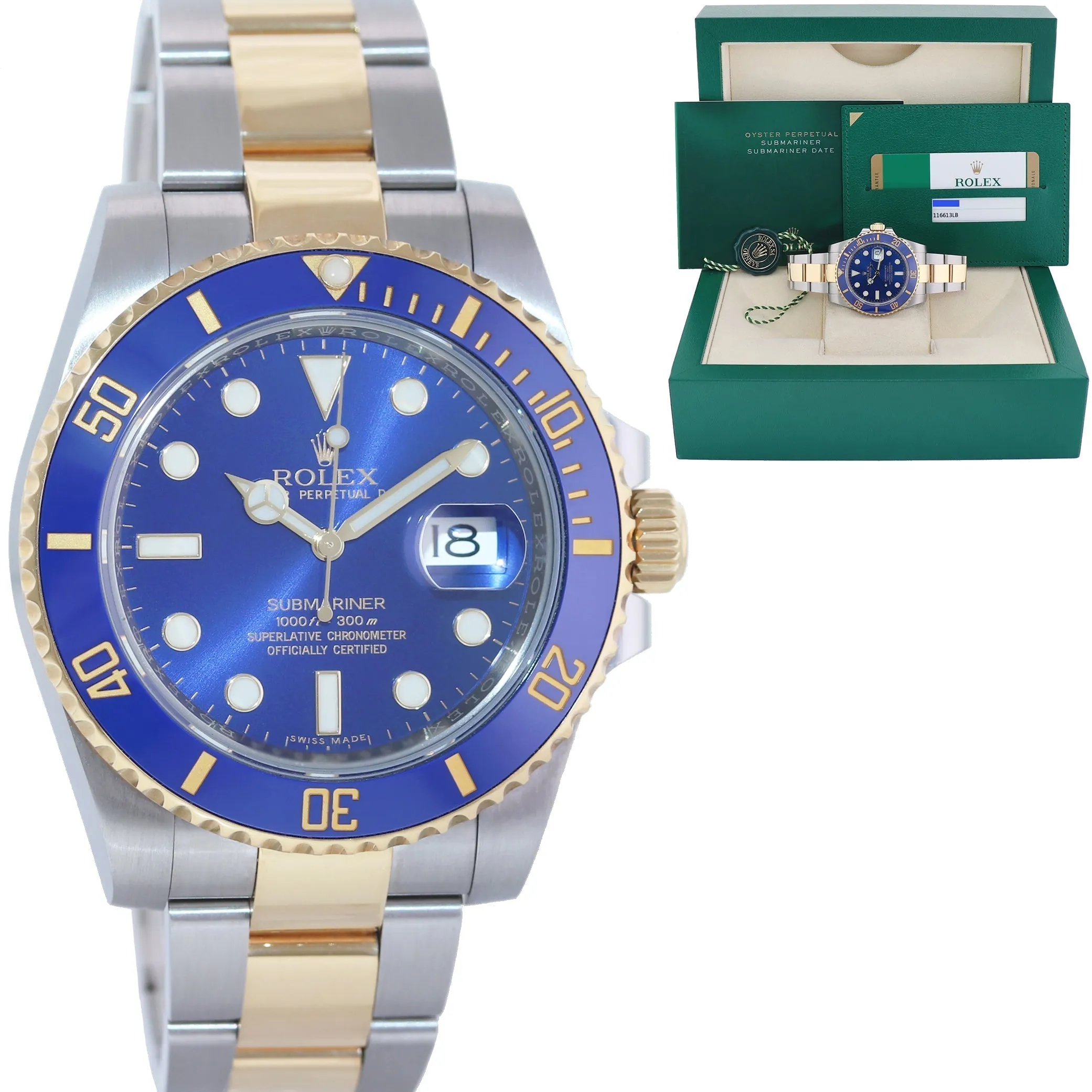 2018 MINT PAPERS Rolex Submariner Blue Ceramic 116613 LB Two Tone Gold Watch Box