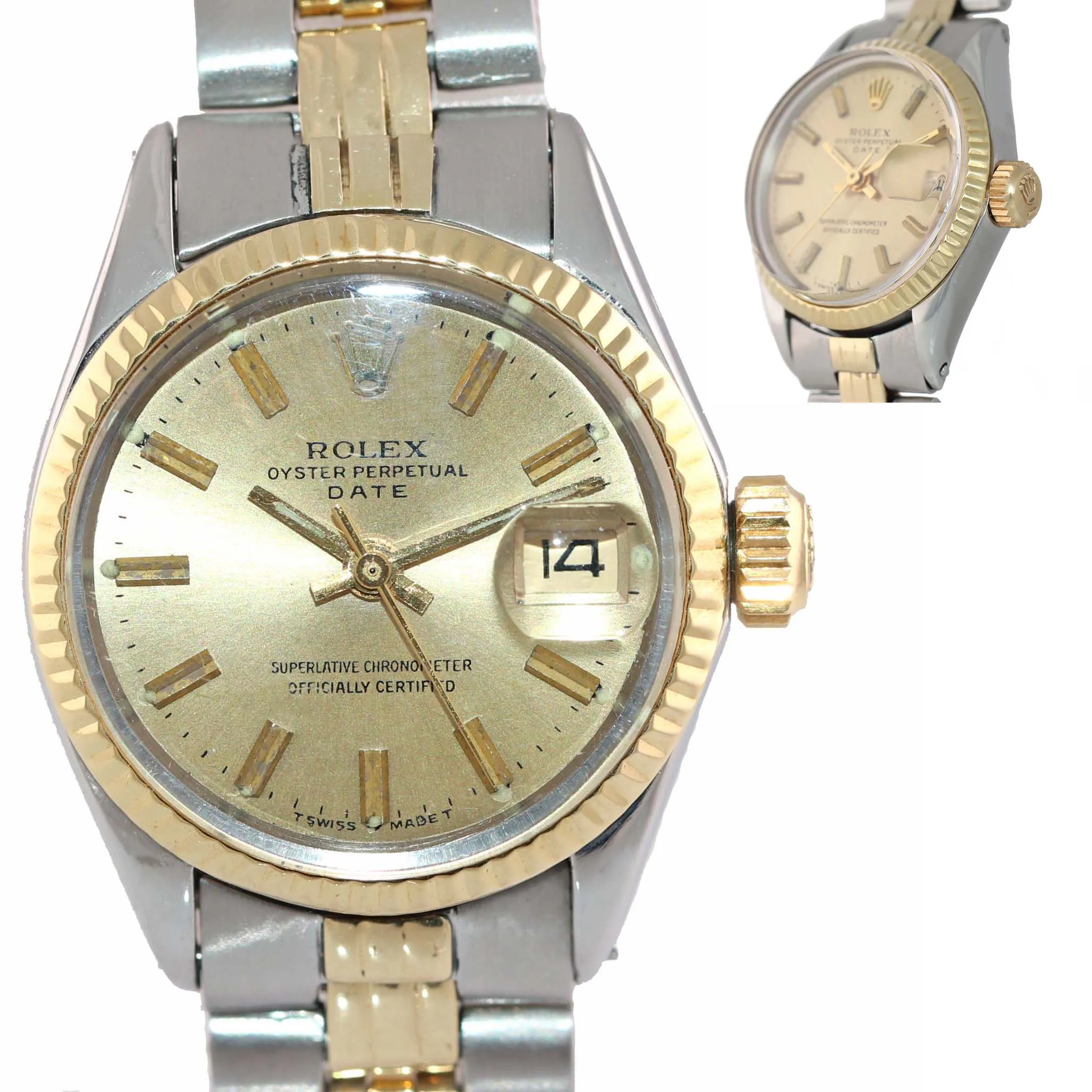2019 SERVICE Ladies Rolex Date 6516 Two Tone 14k Gold Steel Champagne Watch Box