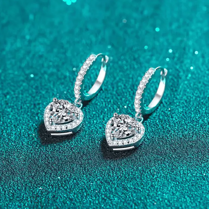 2.160Ct Heart Cut Moissanite Heart Drop-Dangle Hoop Earrings 14K White Gold