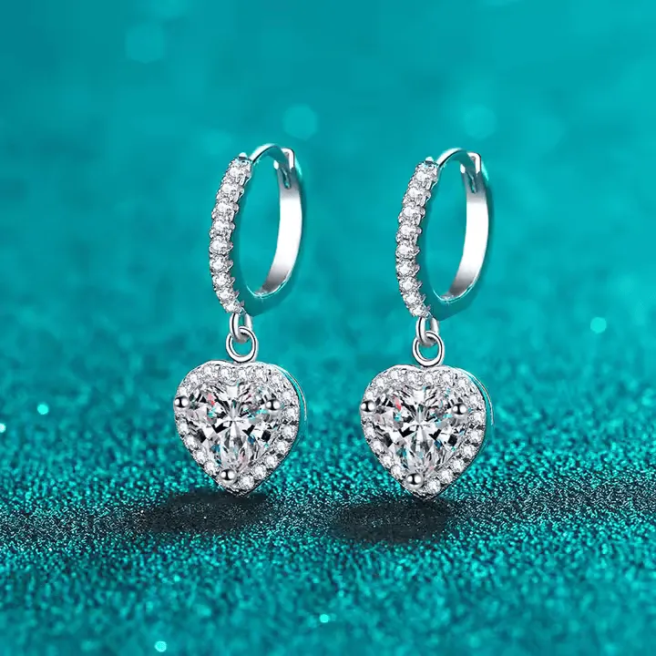 2.160Ct Heart Cut Moissanite Heart Drop-Dangle Hoop Earrings 14K White Gold
