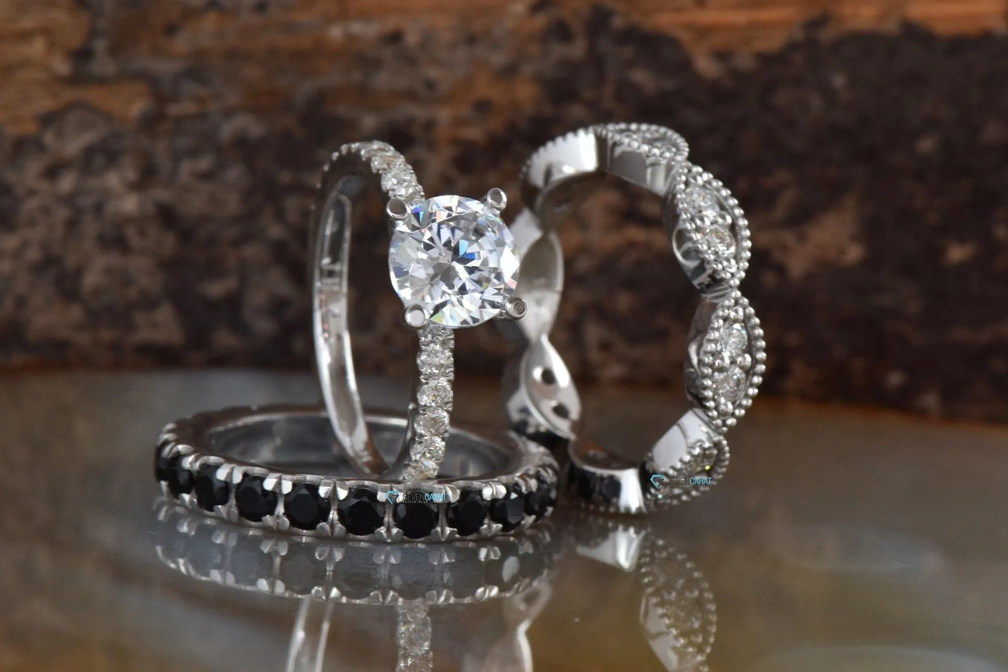 2.60 carat Stacking diamond ring set gold-Black diamond wedding band-Stackable wedding set with diamonds-Eternity band-Art Deco Diamond Band