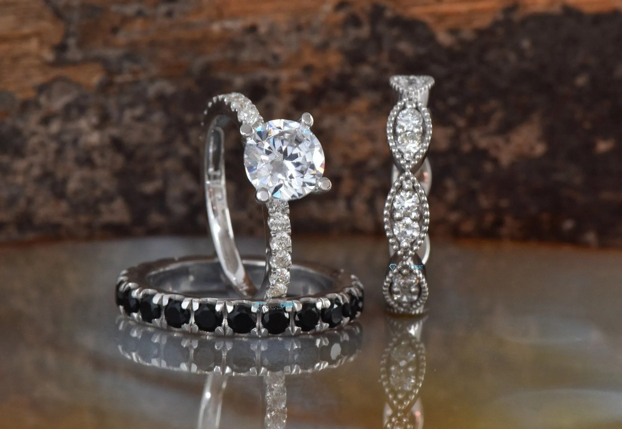 2.60 carat Stacking diamond ring set gold-Black diamond wedding band-Stackable wedding set with diamonds-Eternity band-Art Deco Diamond Band