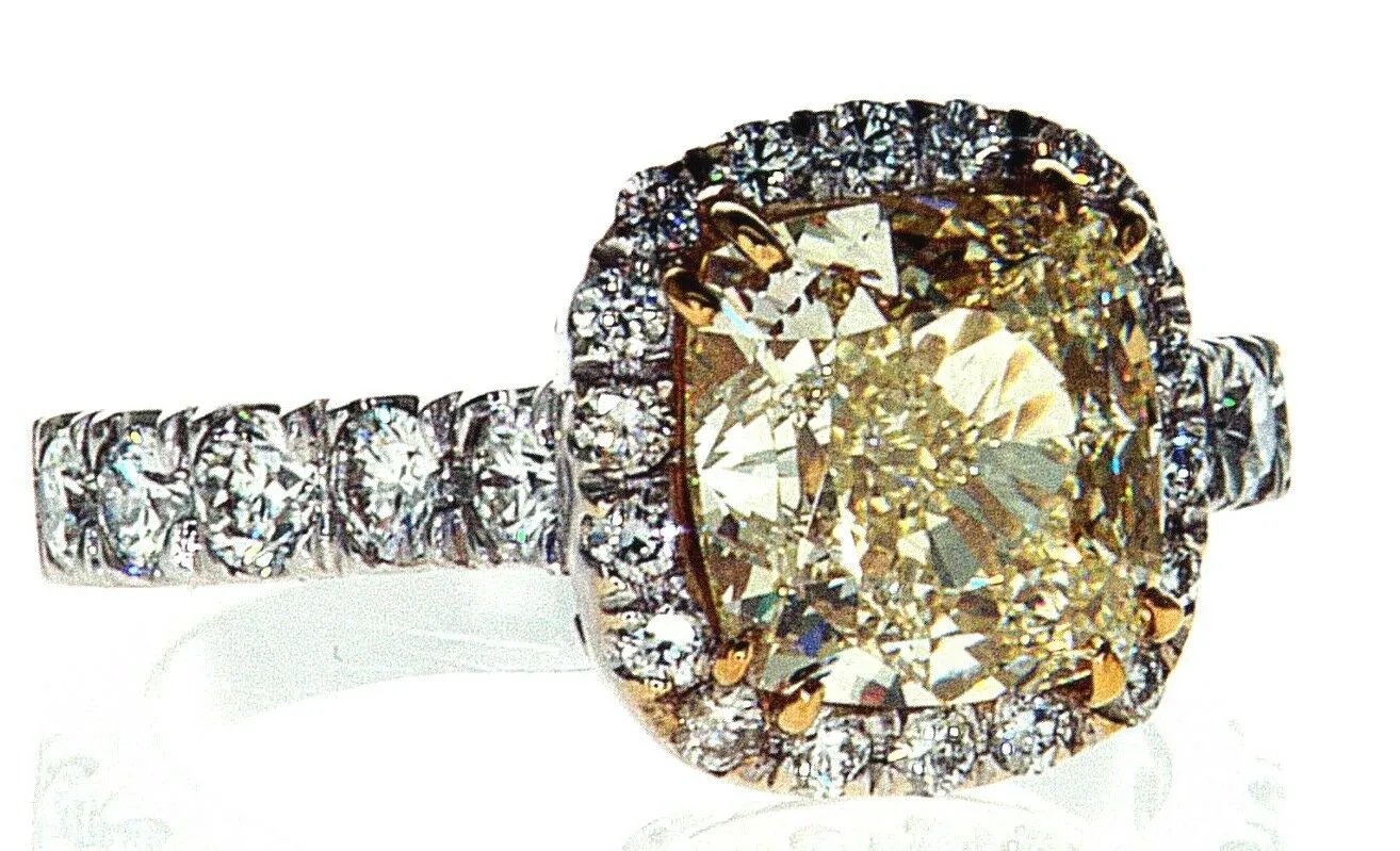 4CT Diamond VS1 Clarity Natural Yellow Color Cushion Cut 18K Ring GIA Certified