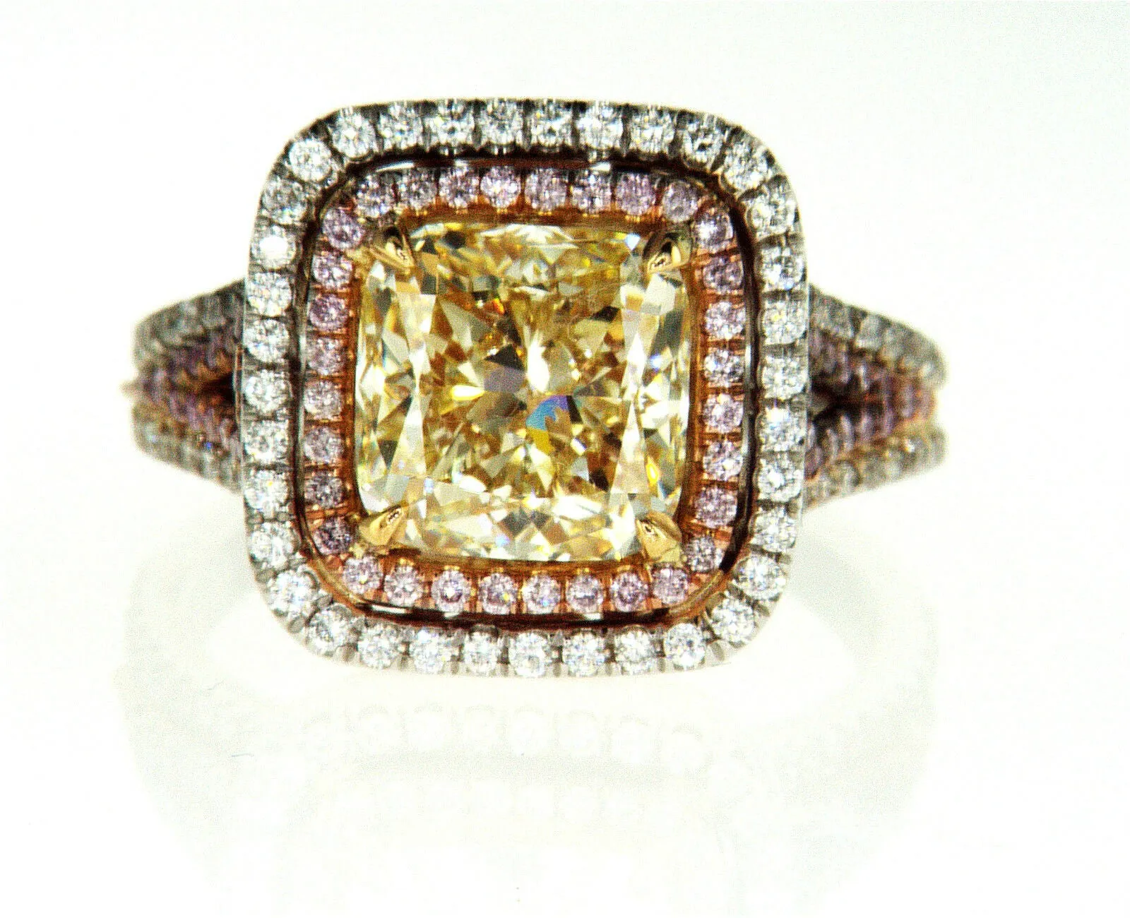4CT Natural Fancy Yellow Pink Color Diamond Ring 18K GIA Certified Cushion Cut