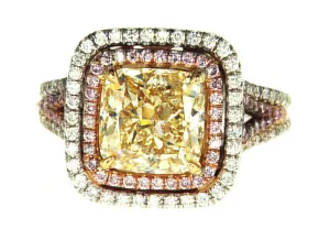 4CT Natural Fancy Yellow Pink Color Diamond Ring 18K GIA Certified Cushion Cut