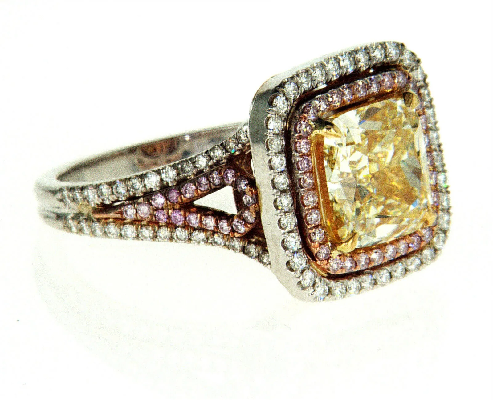 4CT Natural Fancy Yellow Pink Color Diamond Ring 18K GIA Certified Cushion Cut