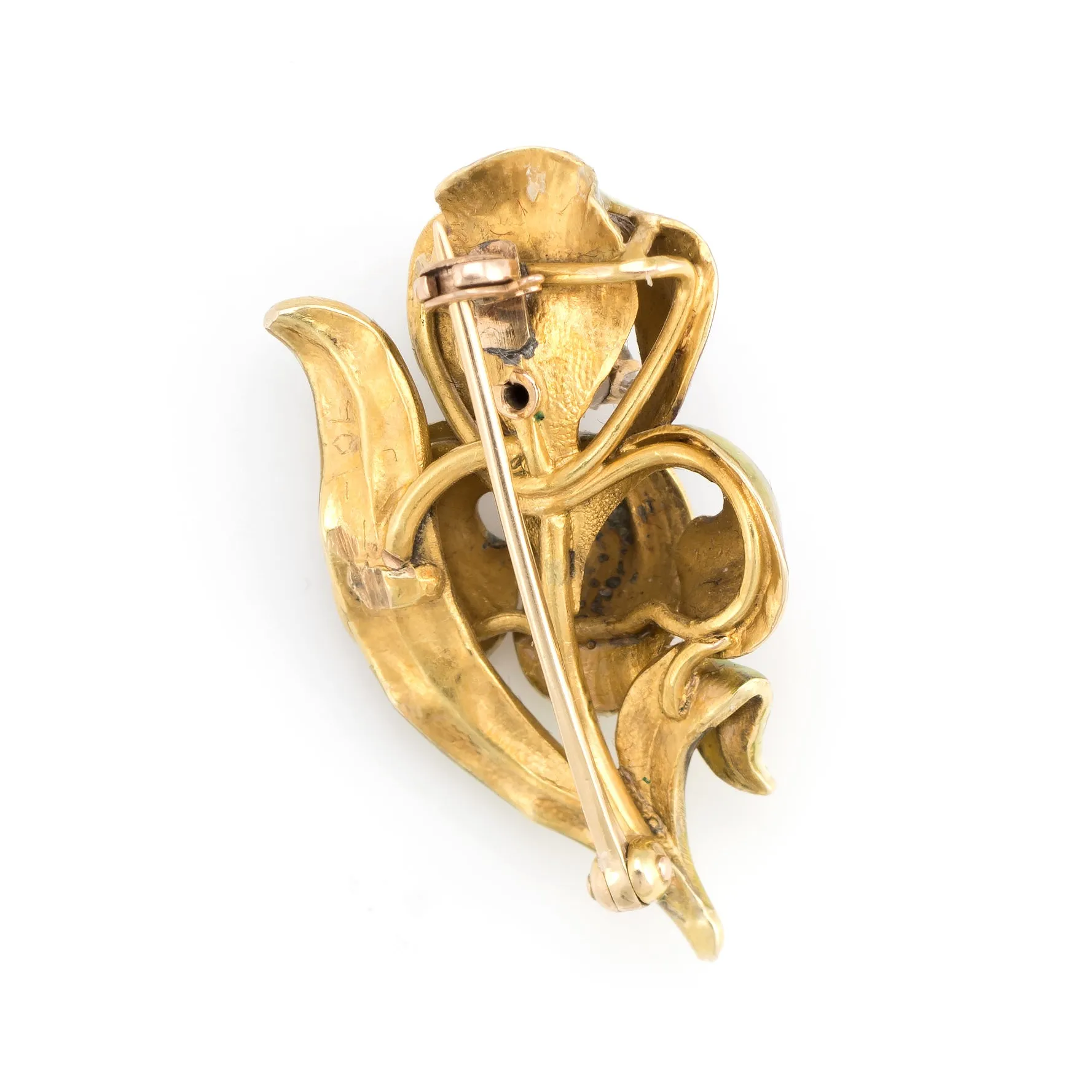 Antique Art Nouveau Iris Enamel Brooch Diamond 14k Yellow Gold Vintage Flower