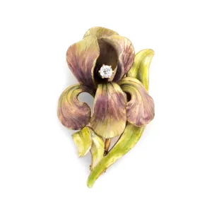 Antique Art Nouveau Iris Enamel Brooch Diamond 14k Yellow Gold Vintage Flower