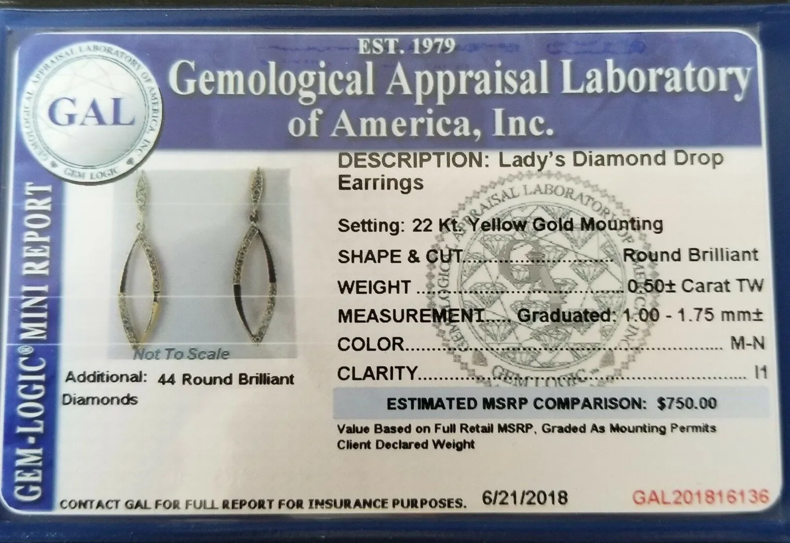Beautiful Natural Diamond Drop Earrings 0.50 Carat 22k Yellow Gold GAL Certified
