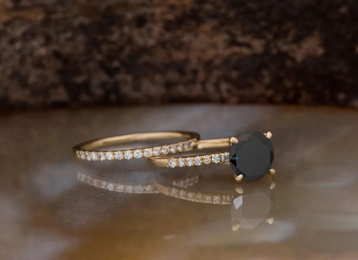 Black diamond ring-Black diamond ring set-Halo engagement ring set-Black diamond ring for women-Halo Wedding Set-2ct diamond engagement ring