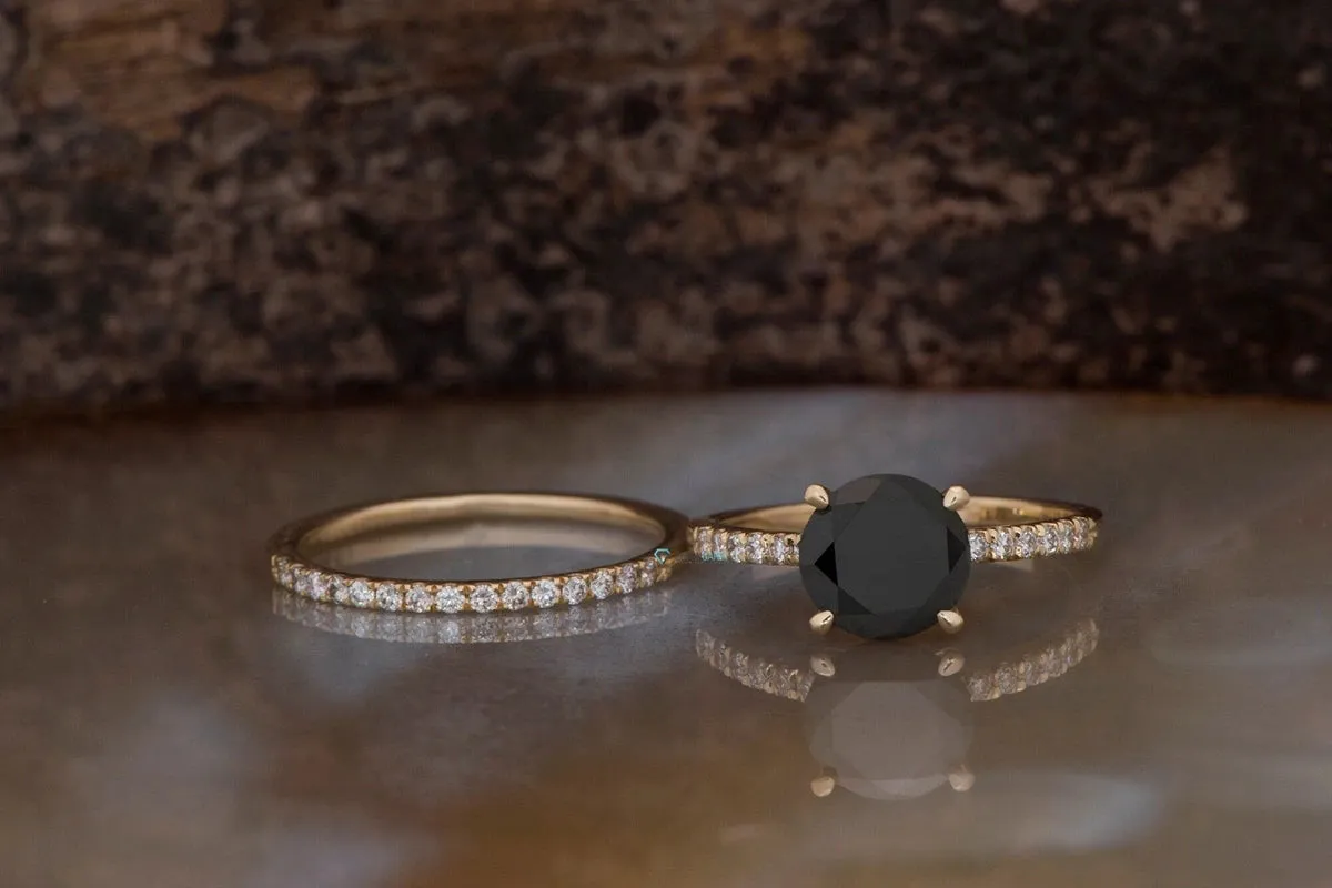 Black diamond ring-Black diamond ring set-Halo engagement ring set-Black diamond ring for women-Halo Wedding Set-2ct diamond engagement ring