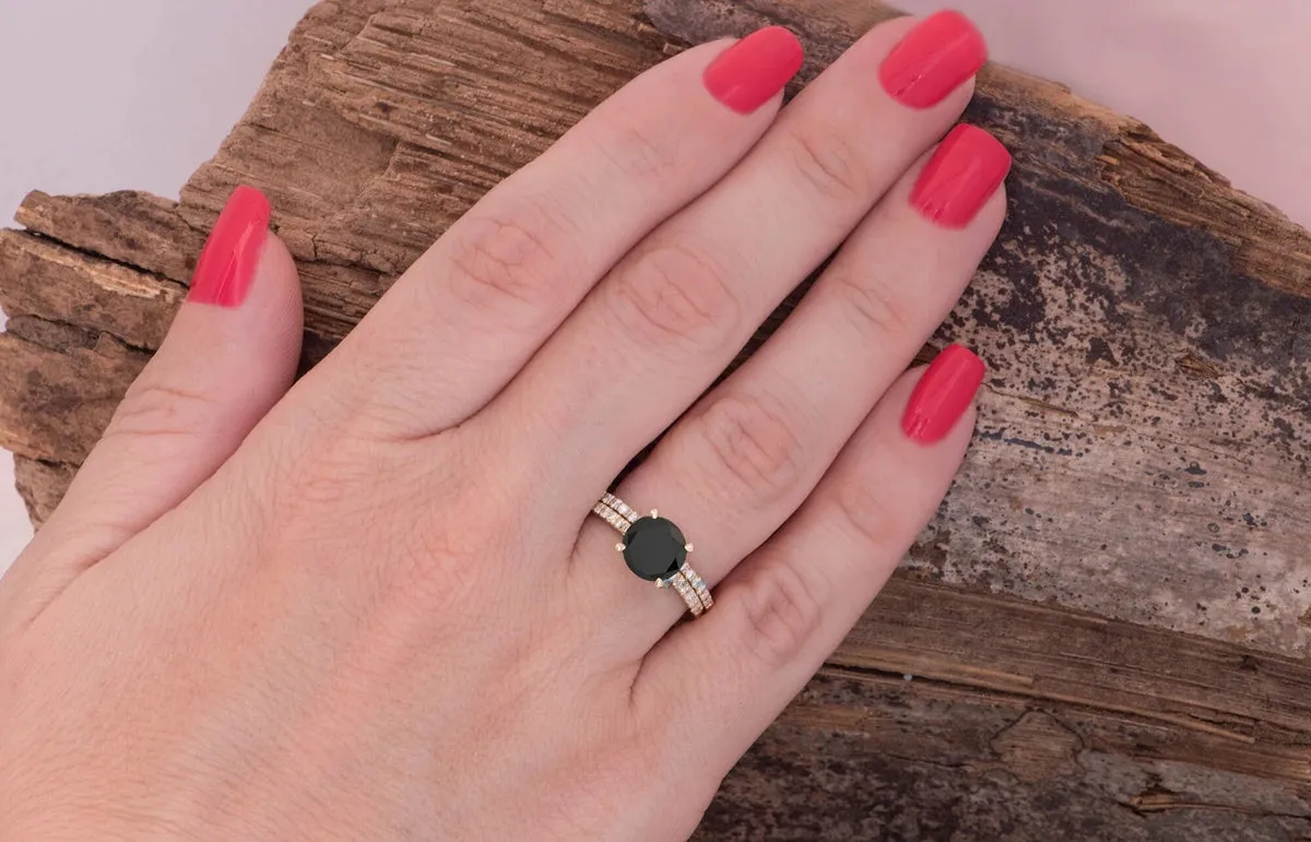 Black diamond ring-Black diamond ring set-Halo engagement ring set-Black diamond ring for women-Halo Wedding Set-2ct diamond engagement ring