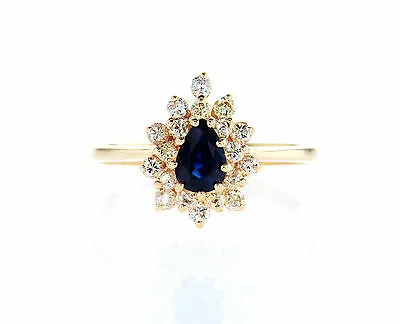 Blue Sapphire Diamond Ring Natural Pear Cut 14k Yellow Gold GAL Certified