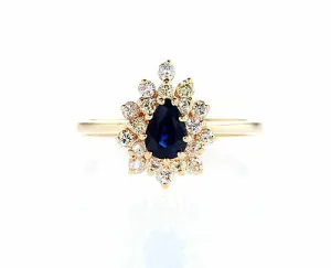 Blue Sapphire Diamond Ring Natural Pear Cut 14k Yellow Gold GAL Certified