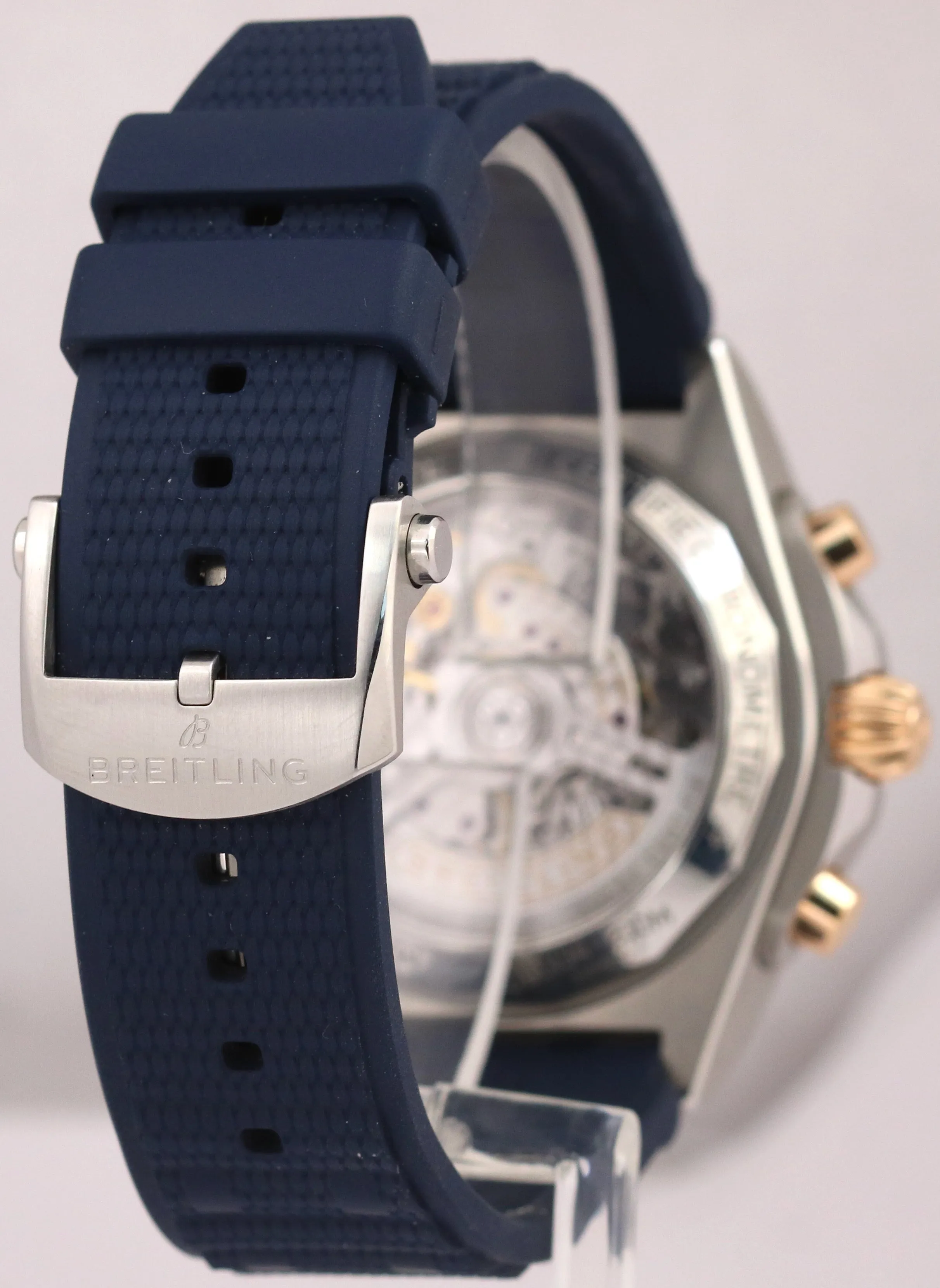 Breitling Chronomat B01 42mm Two-Tone Gold Blue Rubber Steel Watch UB0134 BOX