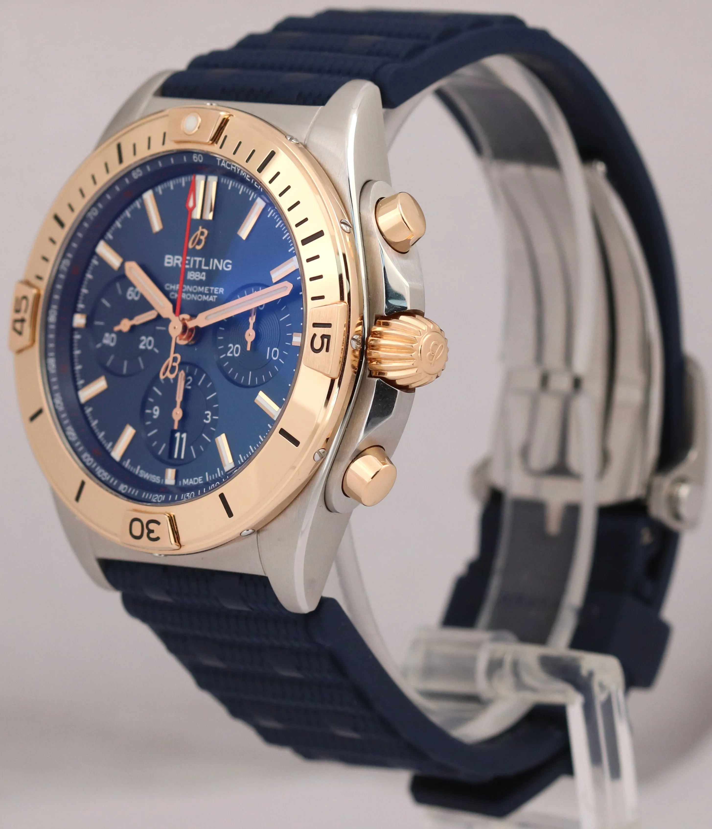 Breitling Chronomat B01 42mm Two-Tone Gold Blue Rubber Steel Watch UB0134 BOX