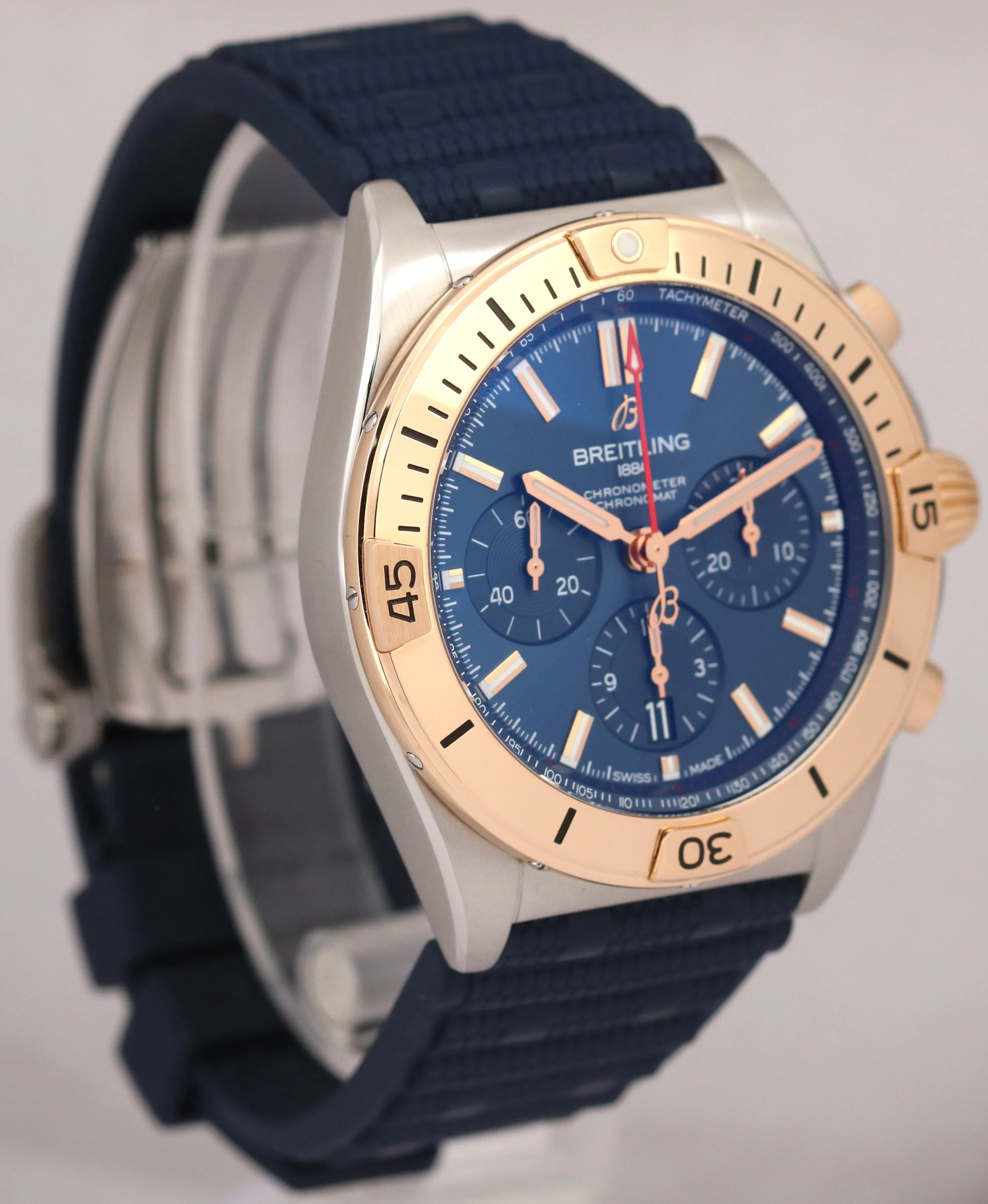 Breitling Chronomat B01 42mm Two-Tone Gold Blue Rubber Steel Watch UB0134 BOX