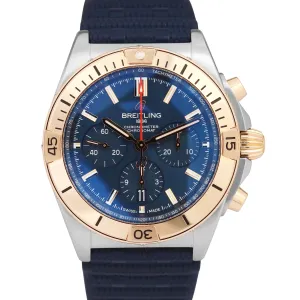 Breitling Chronomat B01 42mm Two-Tone Gold Blue Rubber Steel Watch UB0134 BOX