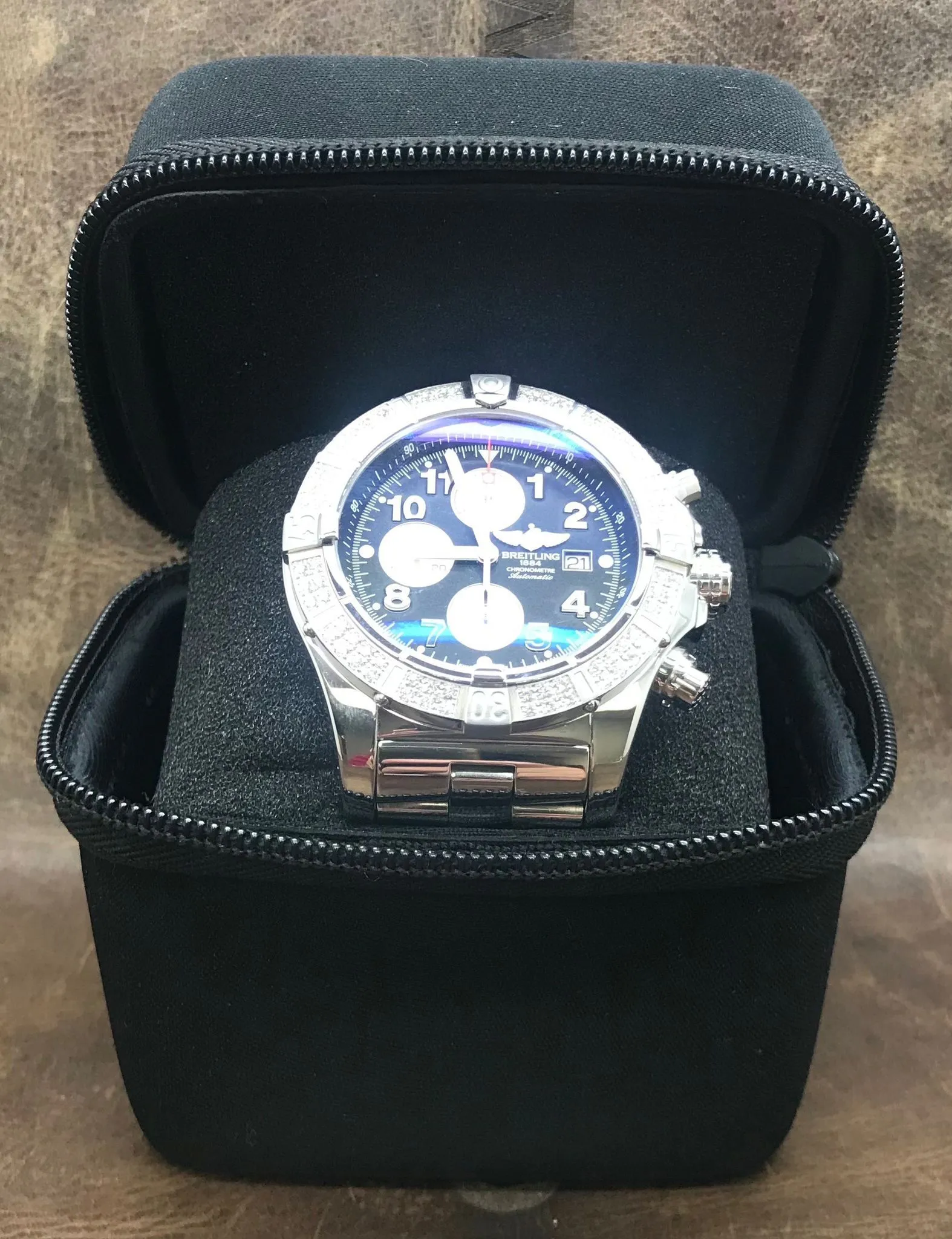 Breitling Super Avenger Custom Diamond Bezel A13370 Black Panda Dial Automatic Men's Watch