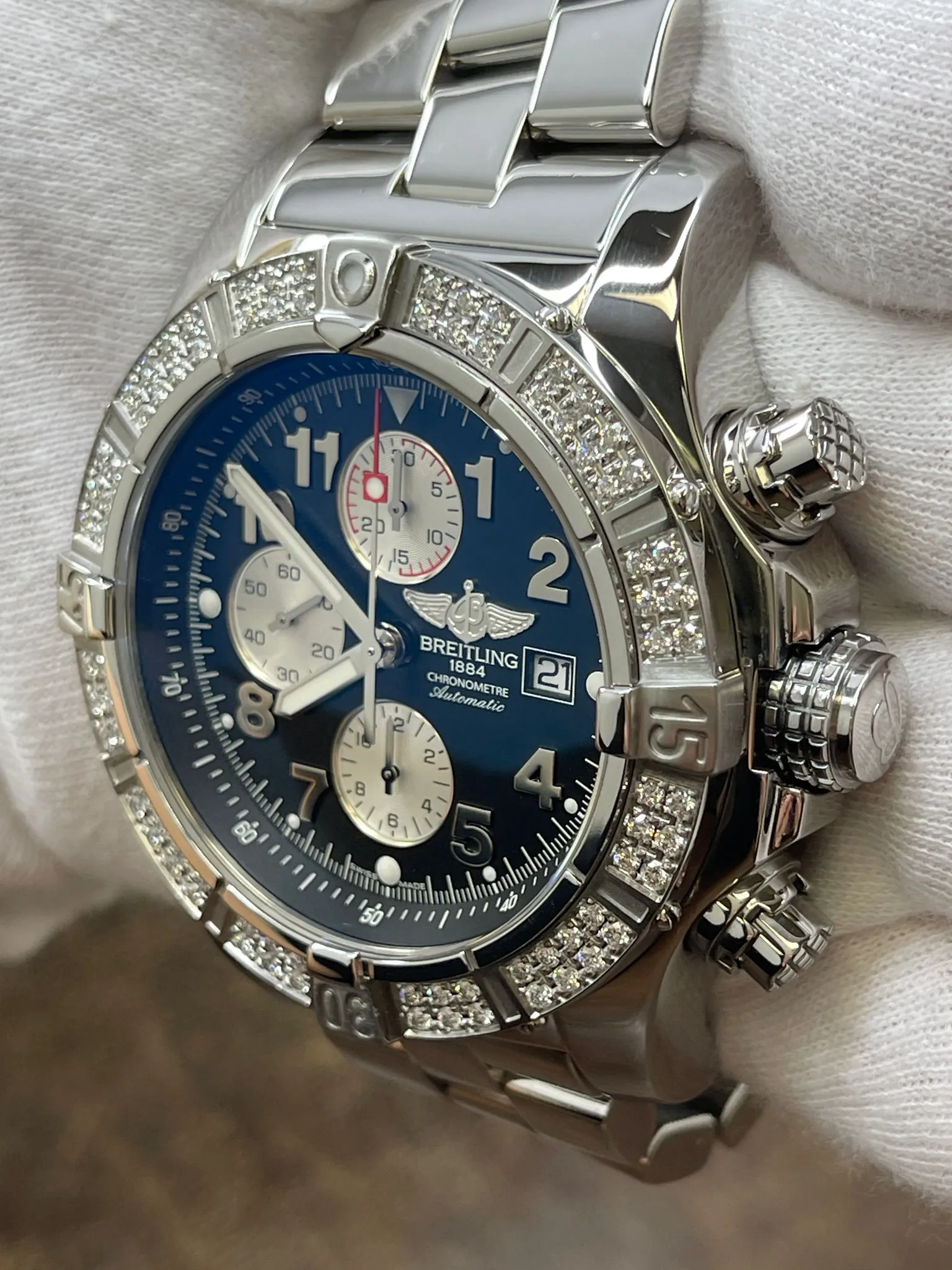 Breitling Super Avenger Custom Diamond Bezel A13370 Black Panda Dial Automatic Men's Watch