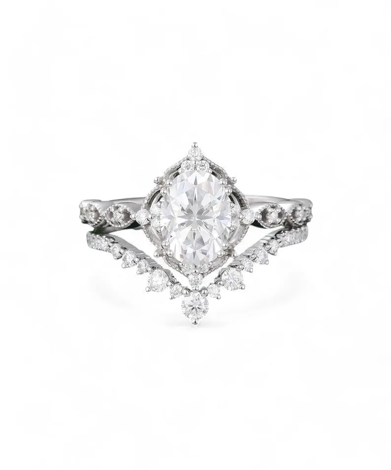 Bridal Set Moissanite Engagement Ring Oval Cut 1.25 CT Solid 14K White Gold For Her