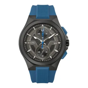 Bulova Maquina Mens Chronograph Black Tone Blue Silicone Strap Watch