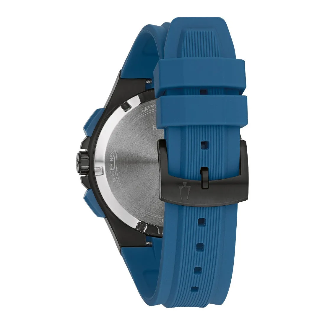 Bulova Maquina Mens Chronograph Black Tone Blue Silicone Strap Watch