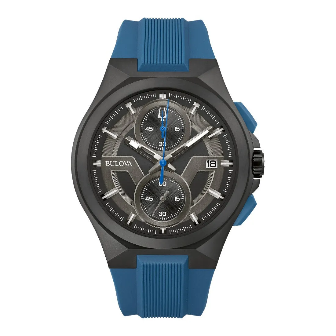 Bulova Maquina Mens Chronograph Black Tone Blue Silicone Strap Watch