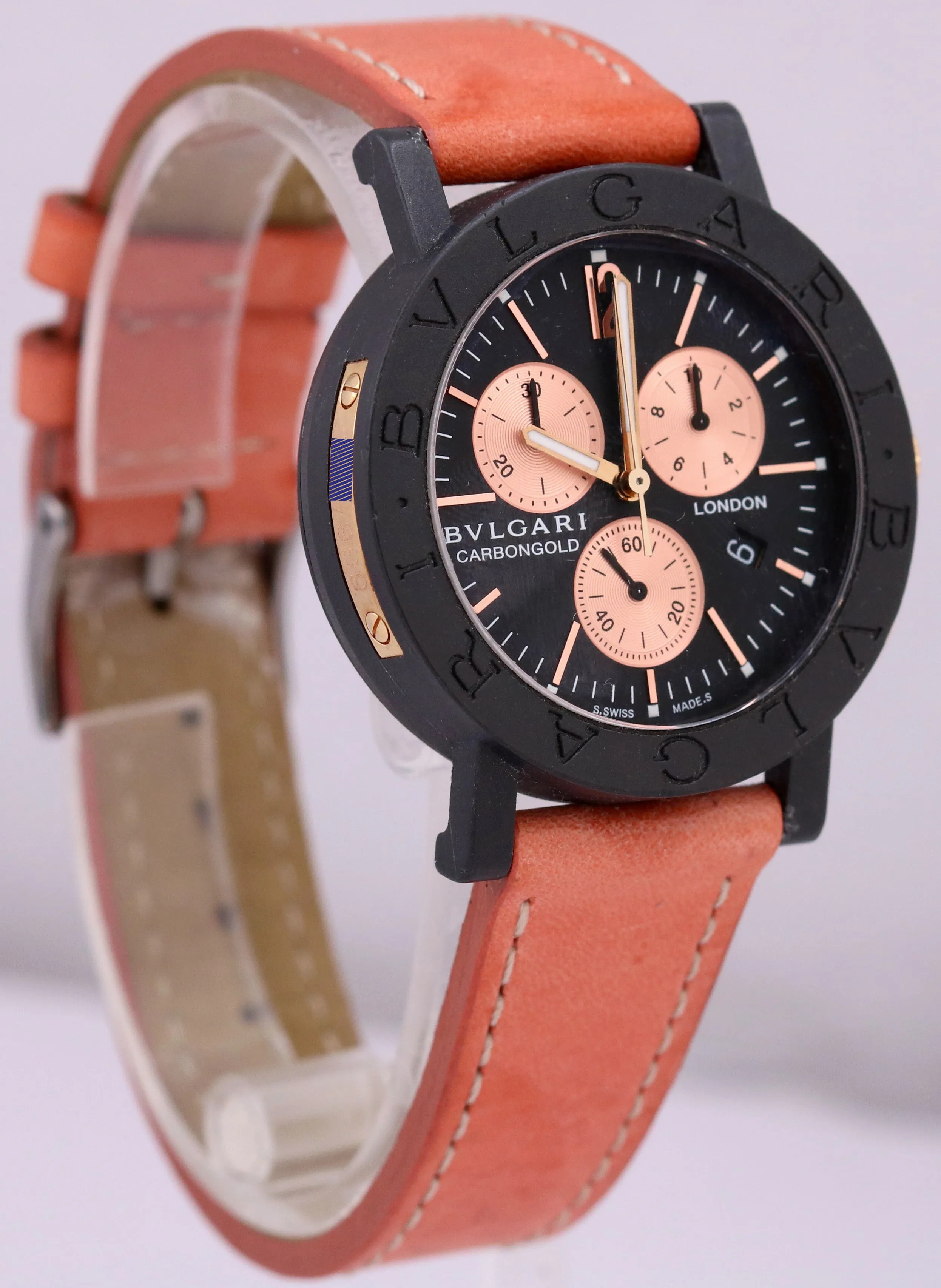 Bvlgari Carbongold BLACK Carbon Pink 38mm Gold Quartz Chronograph BB 38 CL CH