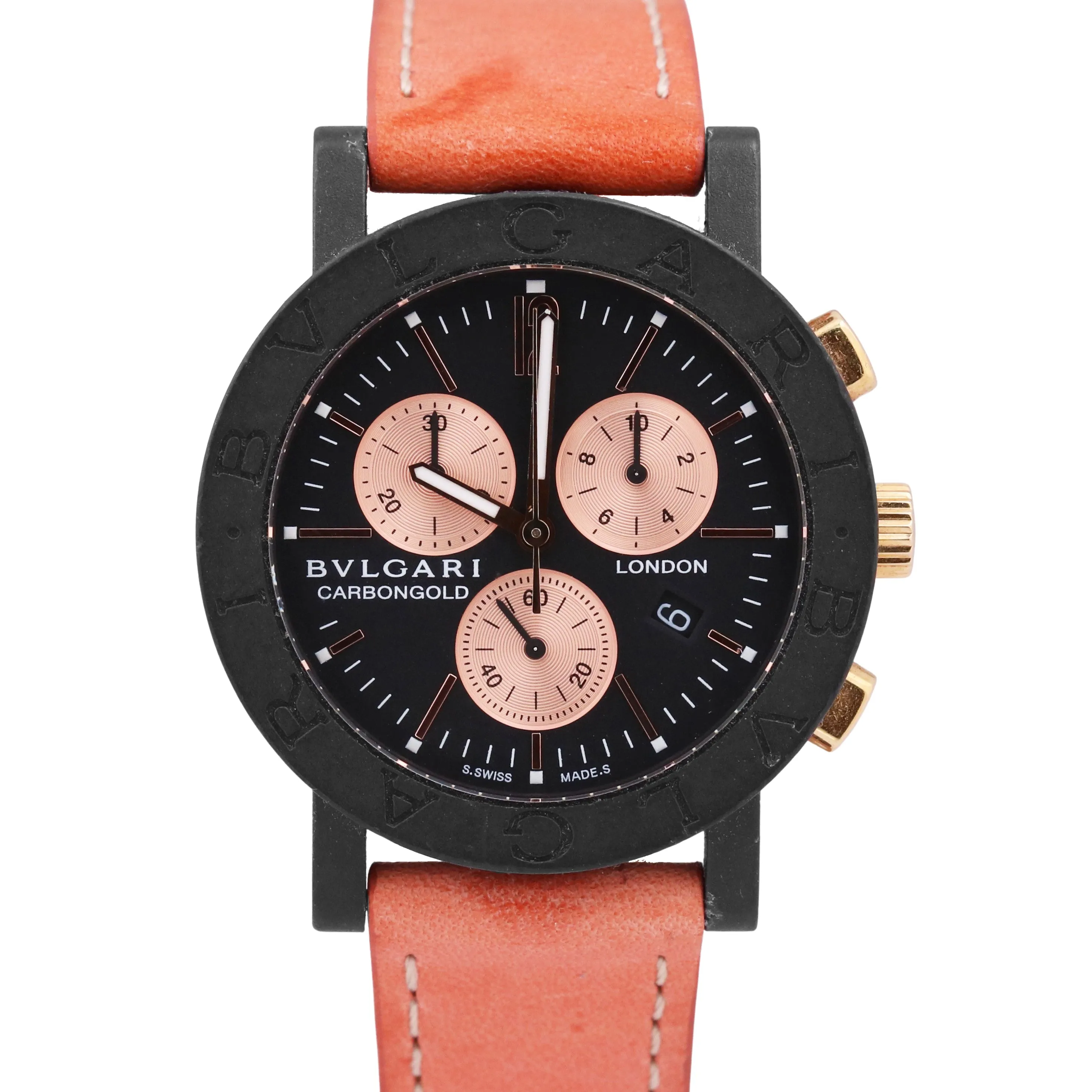 Bvlgari Carbongold BLACK Carbon Pink 38mm Gold Quartz Chronograph BB 38 CL CH