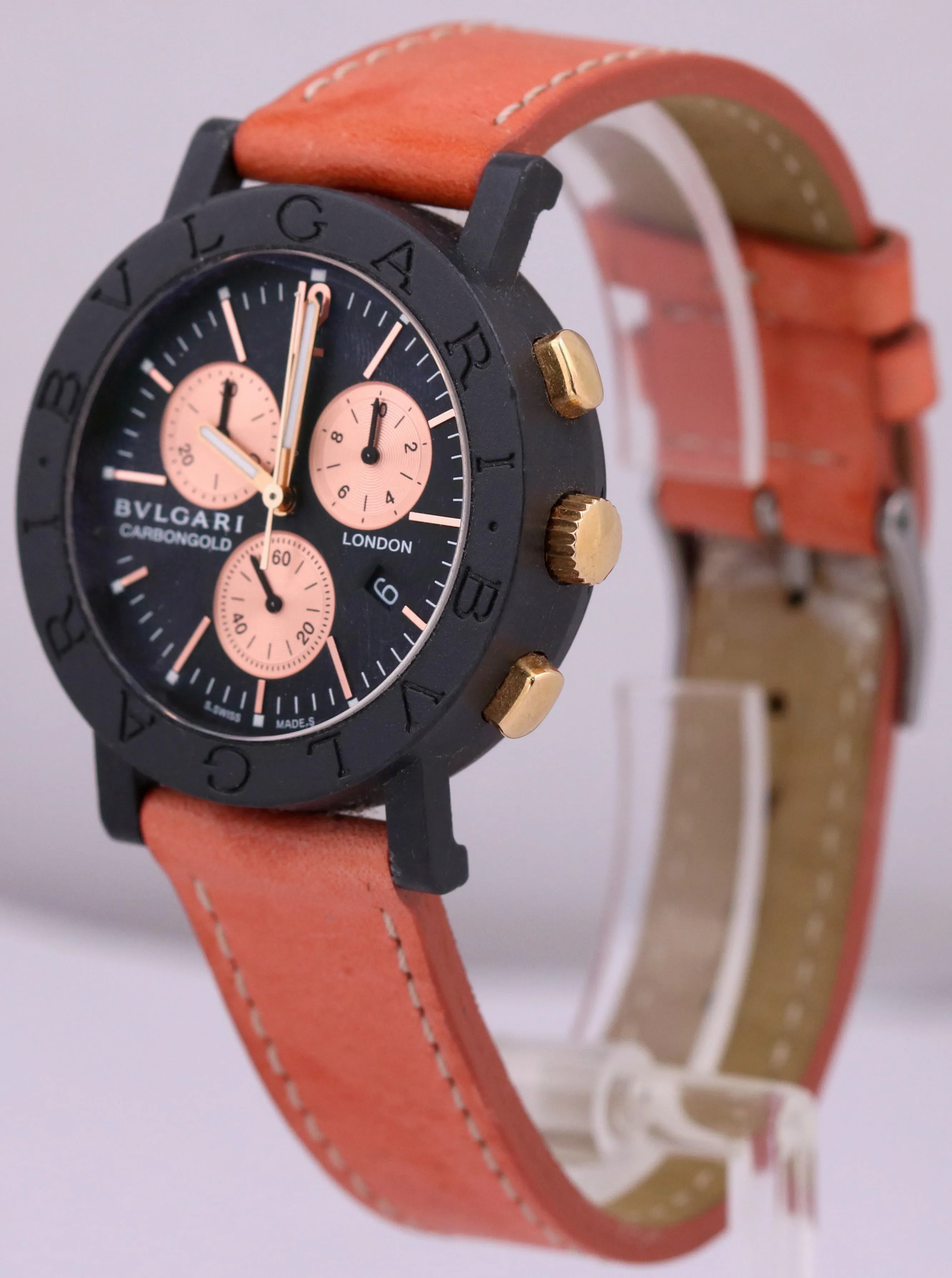 Bvlgari Carbongold BLACK Carbon Pink 38mm Gold Quartz Chronograph BB 38 CL CH