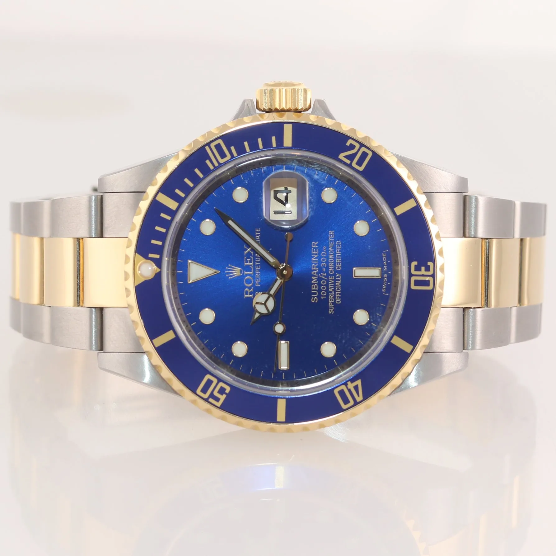 Copy of PAPERS 2009 UNPOLISHED Engraved Rehaut Rolex Submariner 16613 Gold TT Blue Watch