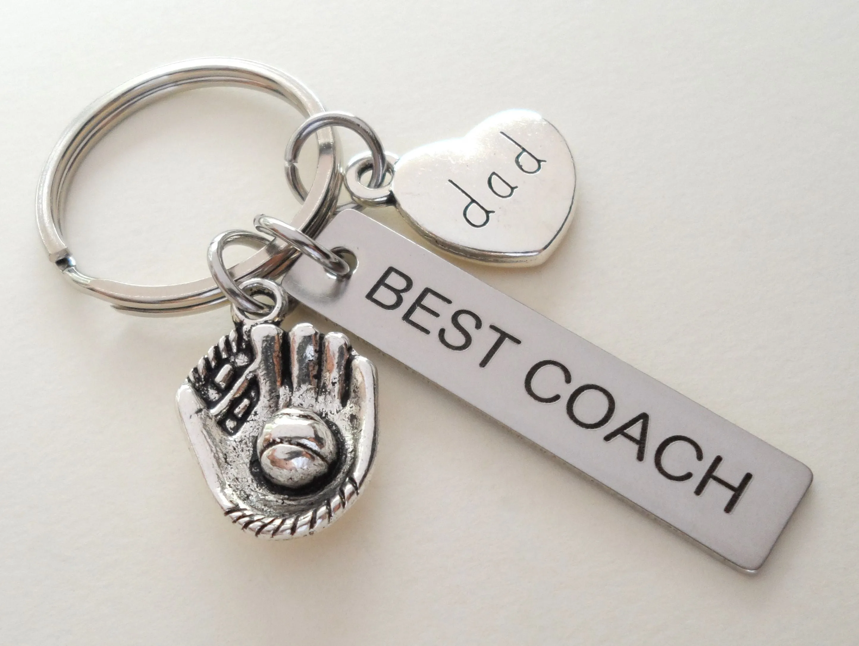 Dad Best Coach Engraved Tag Keychain with Baseball Glove Charm, Fathers Sport Charm Keychain