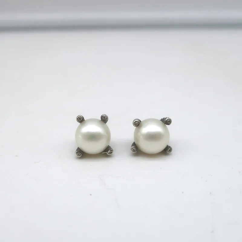 David Yurman Cable Pearl Stud Earrings with Diamonds Sterling Silver
