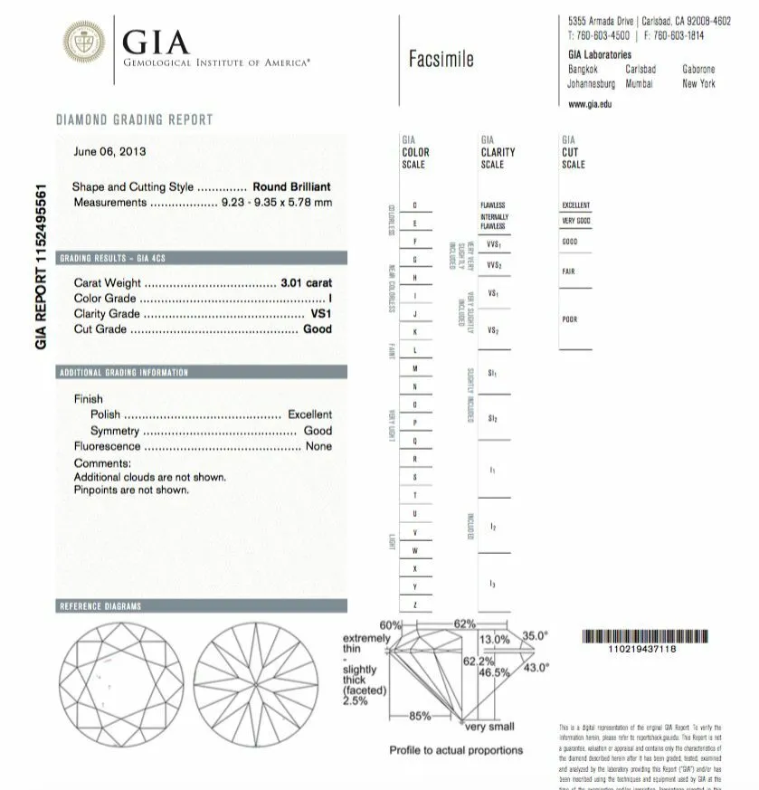 Diamond Natural Loose Round Cut 3 Carat I Color VS1 Clarity GIA Certified