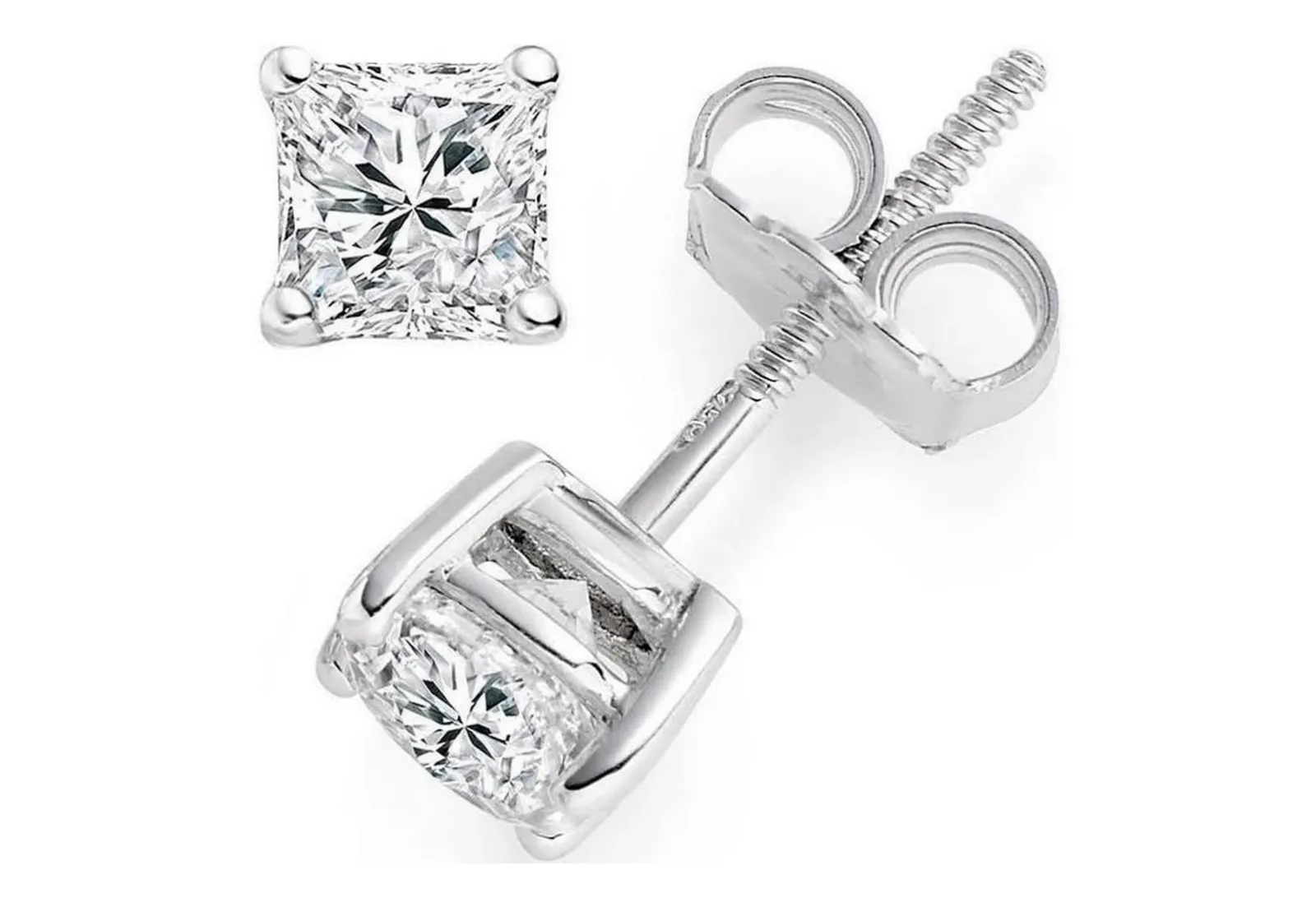 Diamond Stud Earrings 14k White Gold Princess Cut Brilliant 1CT F VVS2 Certified