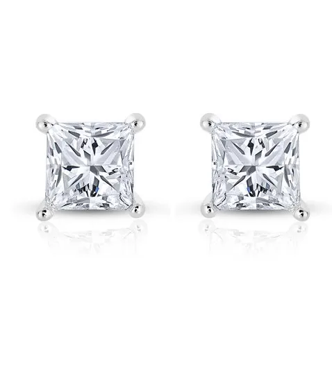 Diamond Stud Earrings 14k White Gold Princess Cut Brilliant 1CT F VVS2 Certified