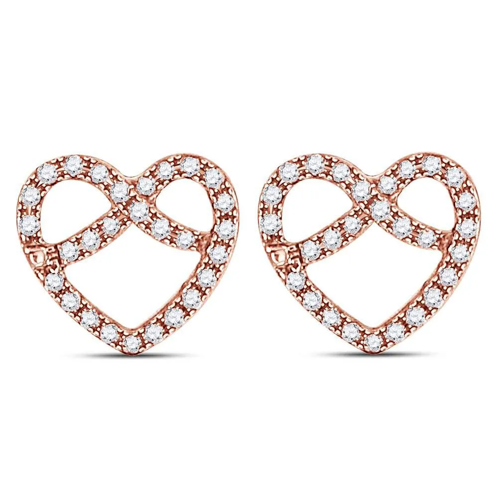 Elegant 14K Rose Gold Round Diamond Pretzel Heart Stud Earrings 1/6 CTTW