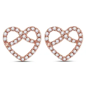 Elegant 14K Rose Gold Round Diamond Pretzel Heart Stud Earrings 1/6 CTTW