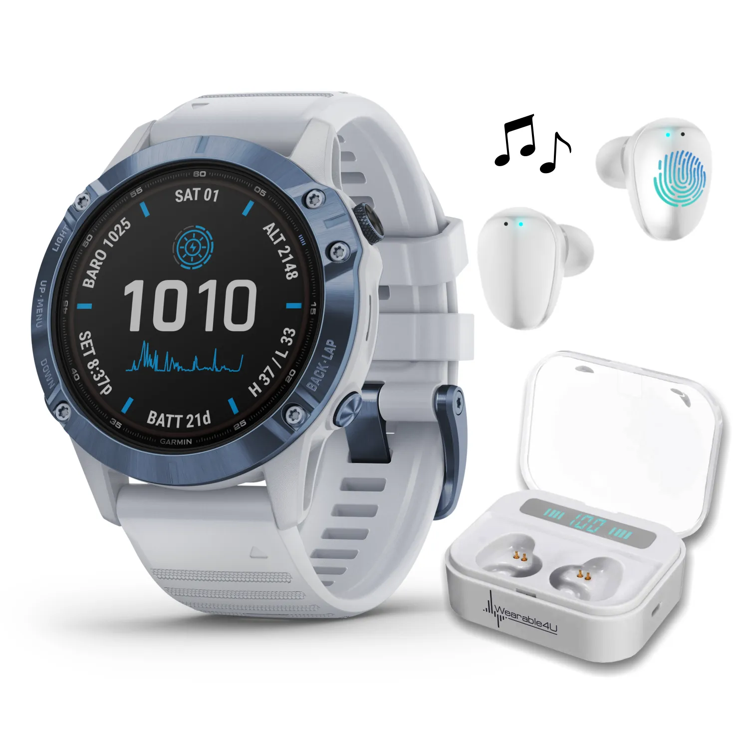 Garmin Fenix 6 Pro Solar Premium Multisport GPS Watches with Wearable4U Bundle (Earbuds or Power Pack)