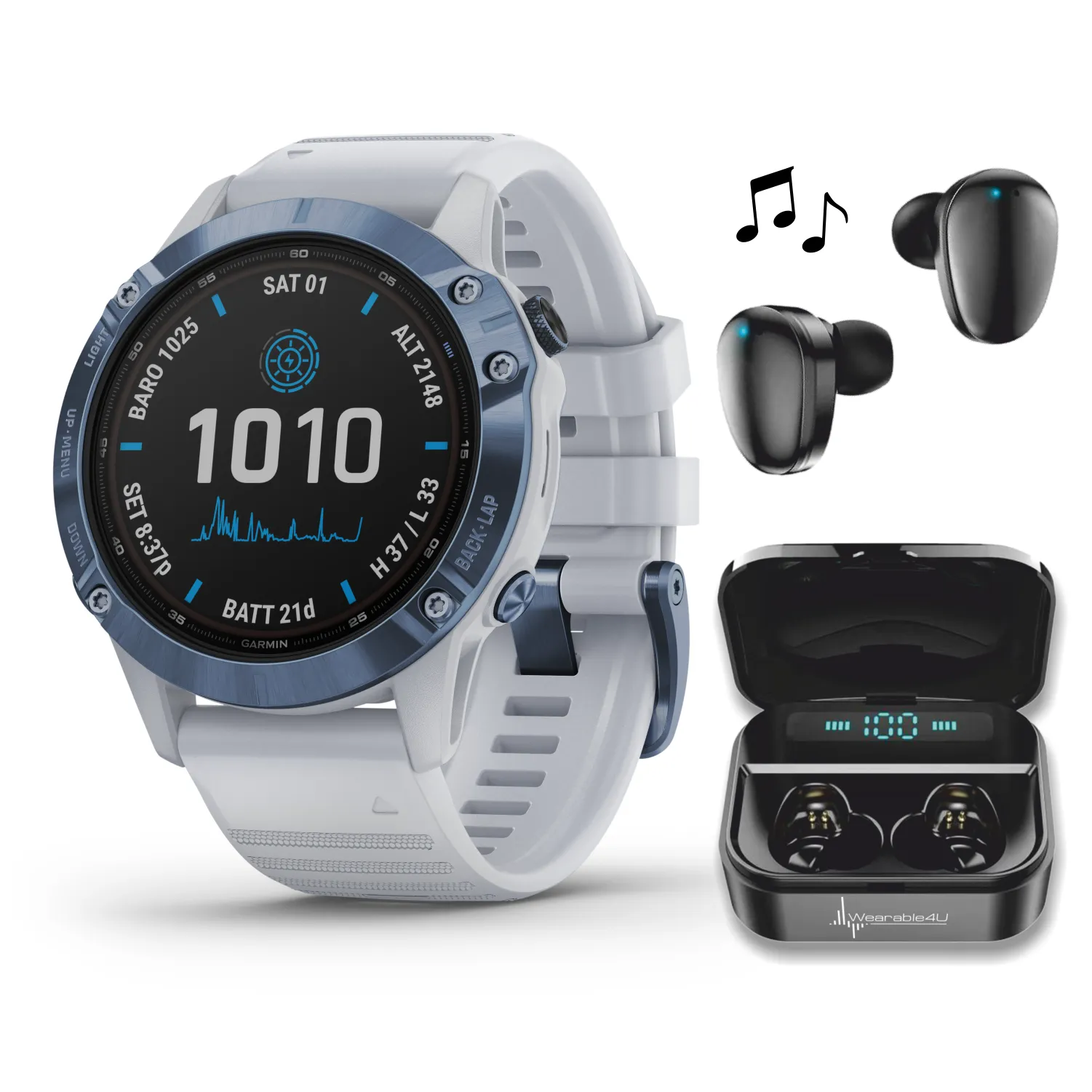Garmin Fenix 6 Pro Solar Premium Multisport GPS Watches with Wearable4U Bundle (Earbuds or Power Pack)