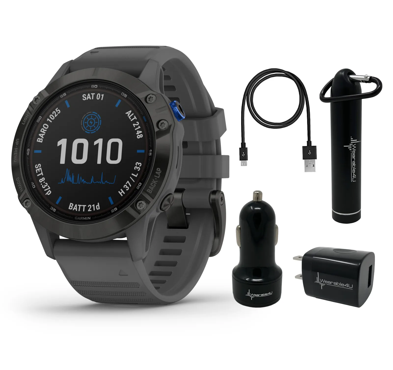 Garmin Fenix 6 Pro Solar Premium Multisport GPS Watches with Wearable4U Bundle (Earbuds or Power Pack)