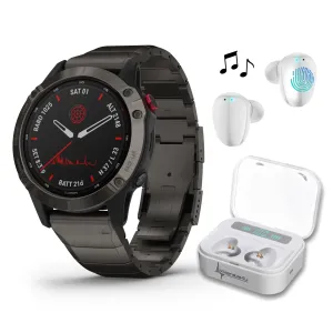 Garmin Fenix 6 Pro Solar Premium Multisport GPS Watches with Wearable4U Bundle (Earbuds or Power Pack)