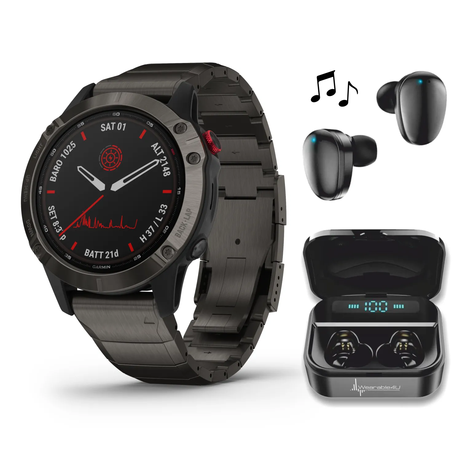 Garmin Fenix 6 Pro Solar Premium Multisport GPS Watches with Wearable4U Bundle (Earbuds or Power Pack)