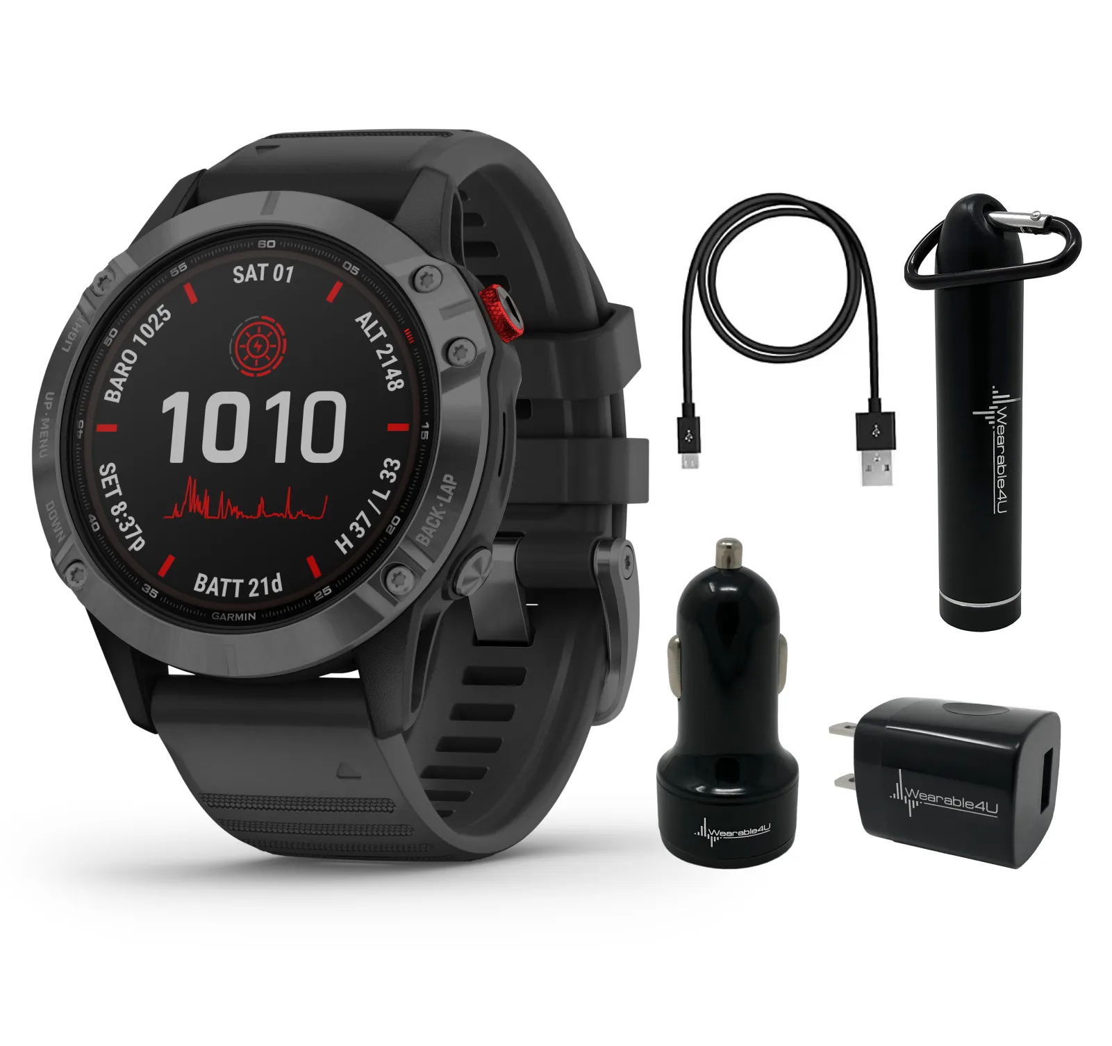 Garmin Fenix 6 Pro Solar Premium Multisport GPS Watches with Wearable4U Bundle (Earbuds or Power Pack)